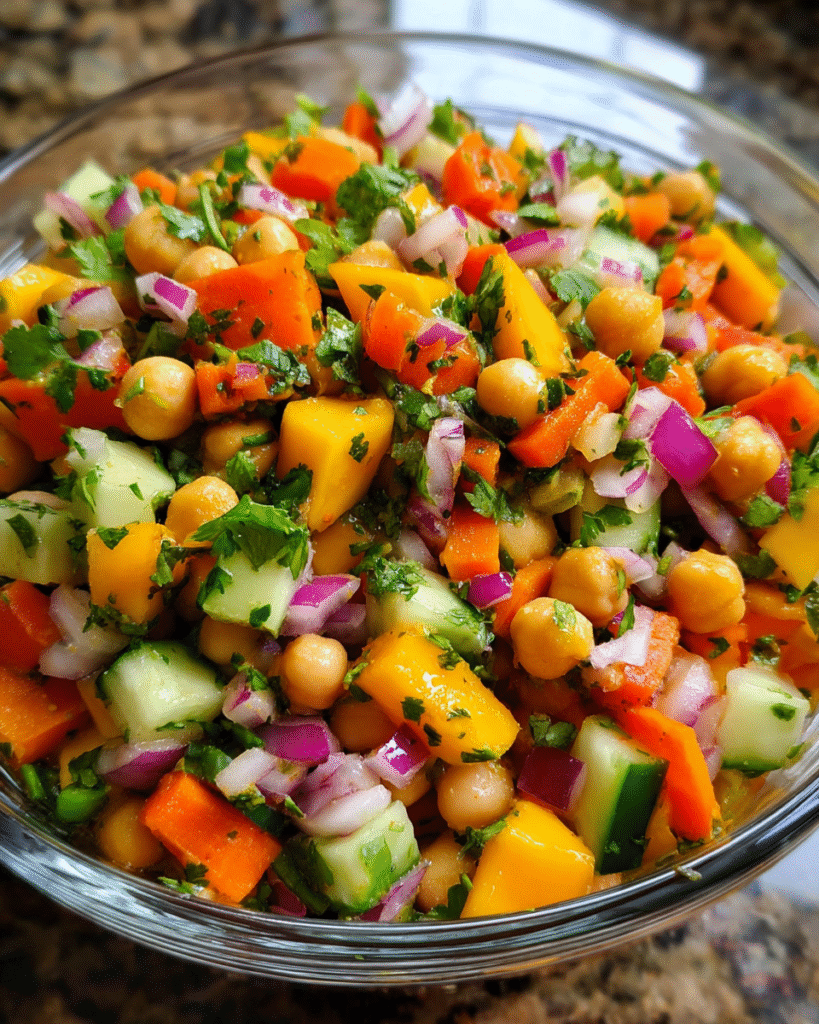 Overhead view of Mango Chickpea Kachumber Salad