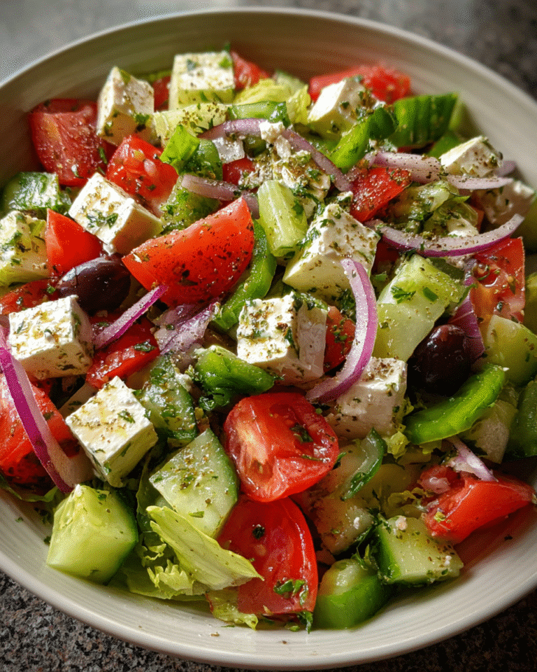 Mediterranean Greek Salad in ceramic bowl with fresh toppings