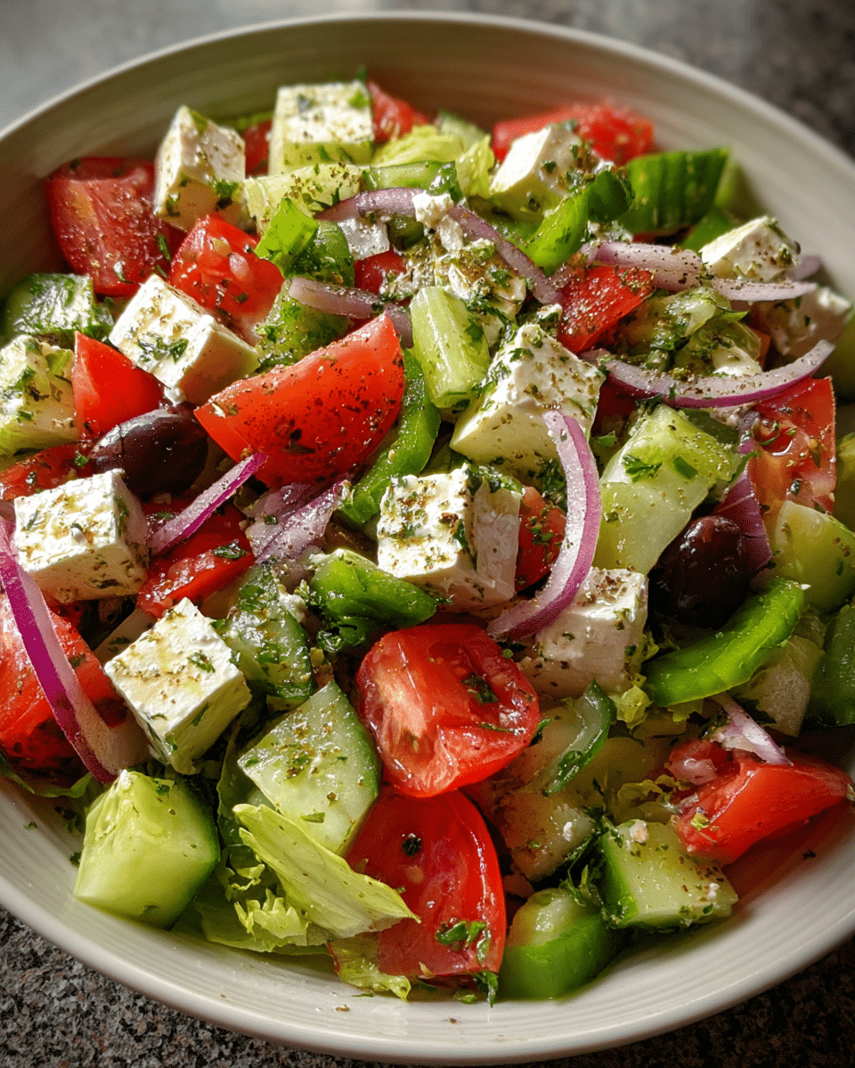 Mediterranean Greek Salad in ceramic bowl with fresh toppings