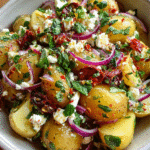 Mediterranean potato salad in rustic bowl