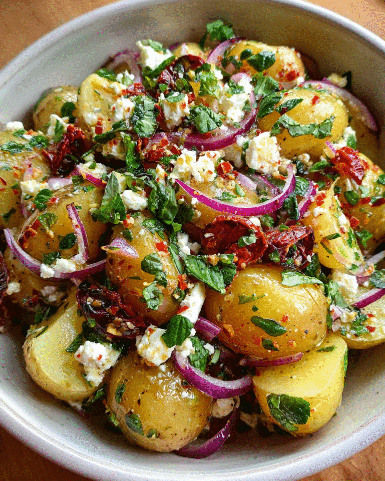 Mediterranean potato salad in rustic bowl