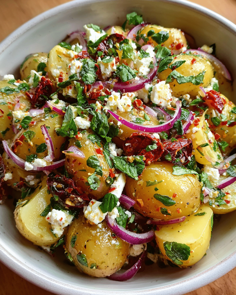 Mediterranean potato salad in rustic bowl