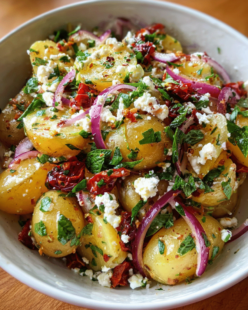 Mediterranean potato salad in rustic bowl