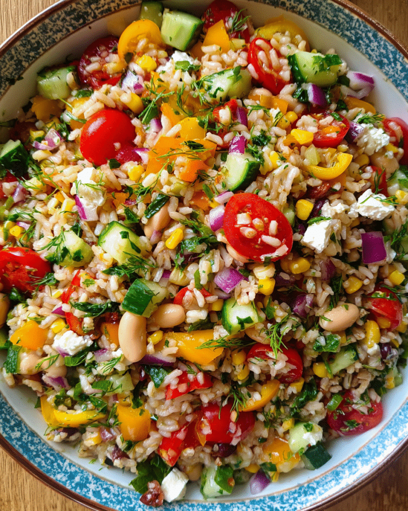 Mediterranean Rice Salad in rustic bowl with colorful veggies and feta