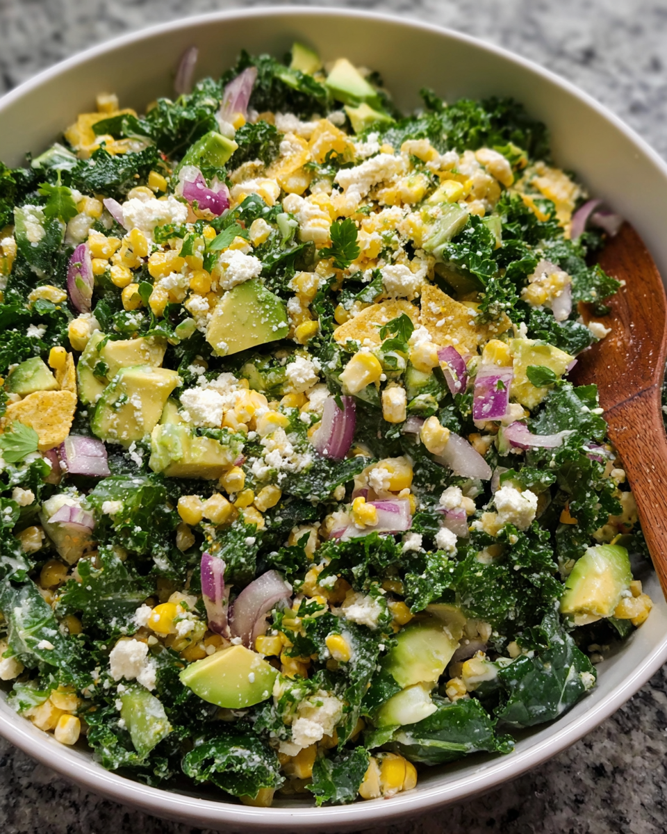 Mexican Street Corn Kale Salad served in rustic bowl