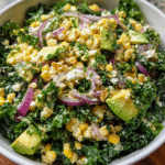 Mexican Street Corn Kale Salad served in rustic bowl