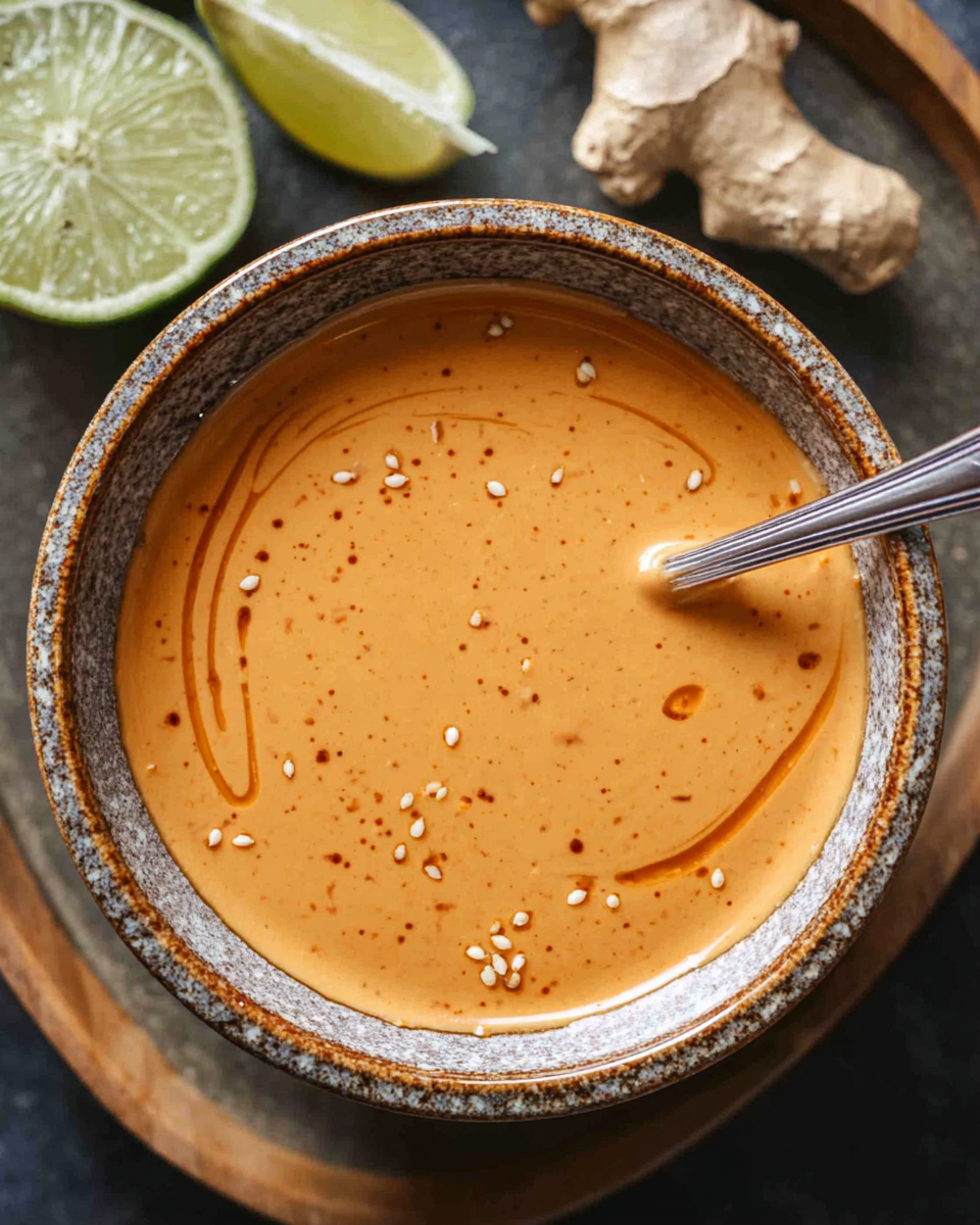 Creamy peanut sauce in a glass bowl