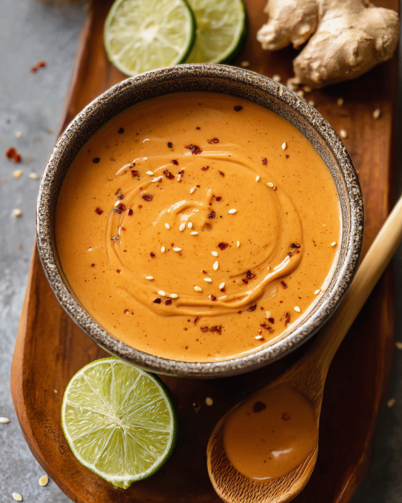 Creamy peanut sauce in a glass bowl