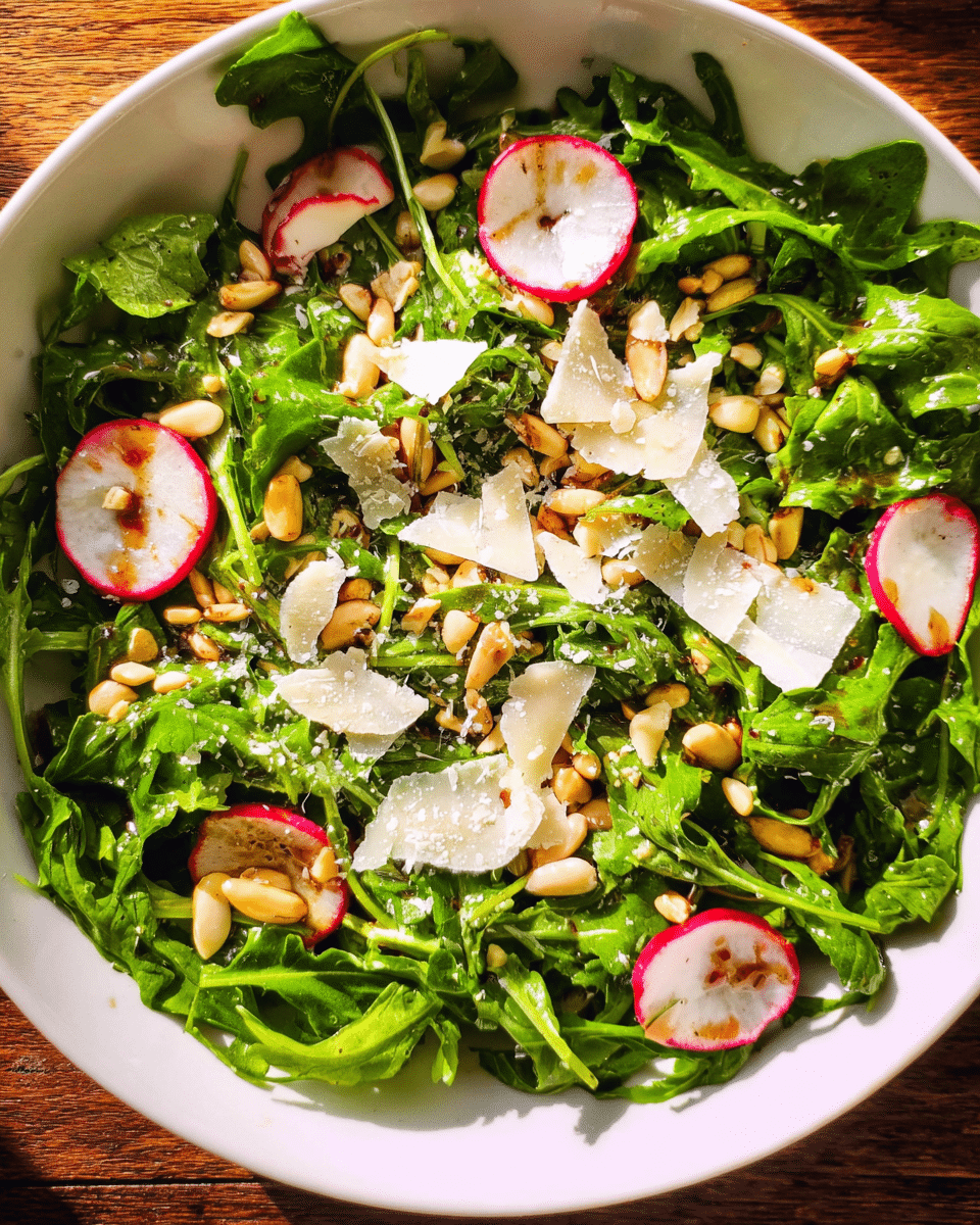 Rocket Salad in ceramic bowl with fresh ingredients