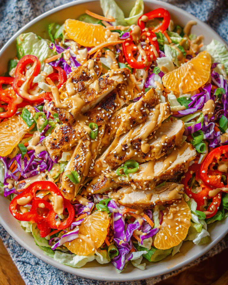 sesame orange chicken salad in white bowl