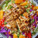 sesame orange chicken salad in white bowl