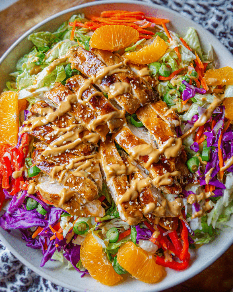 sesame orange chicken salad in white bowl