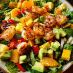 Shrimp avocado salad with tropical fruits