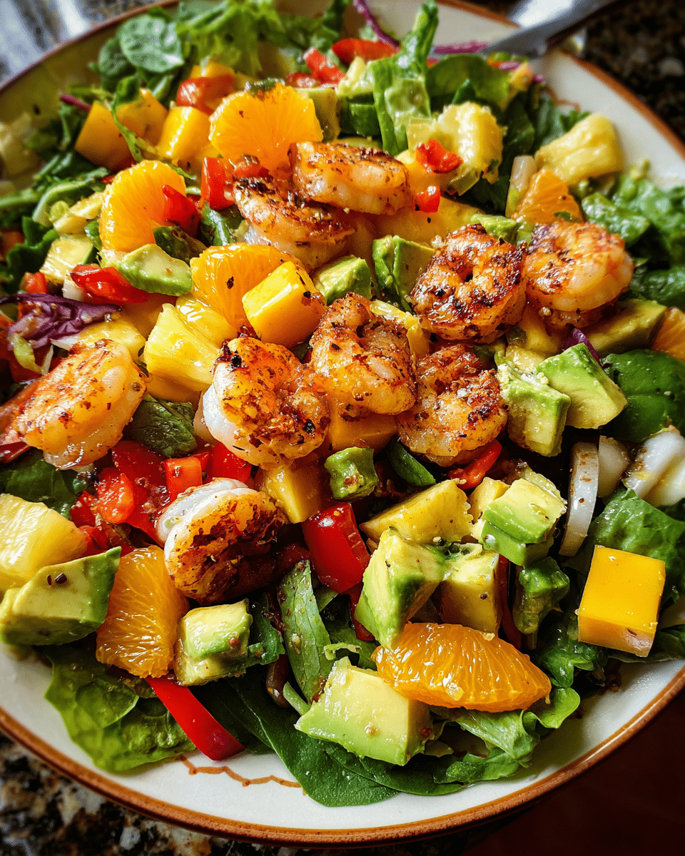Shrimp avocado salad with tropical fruits