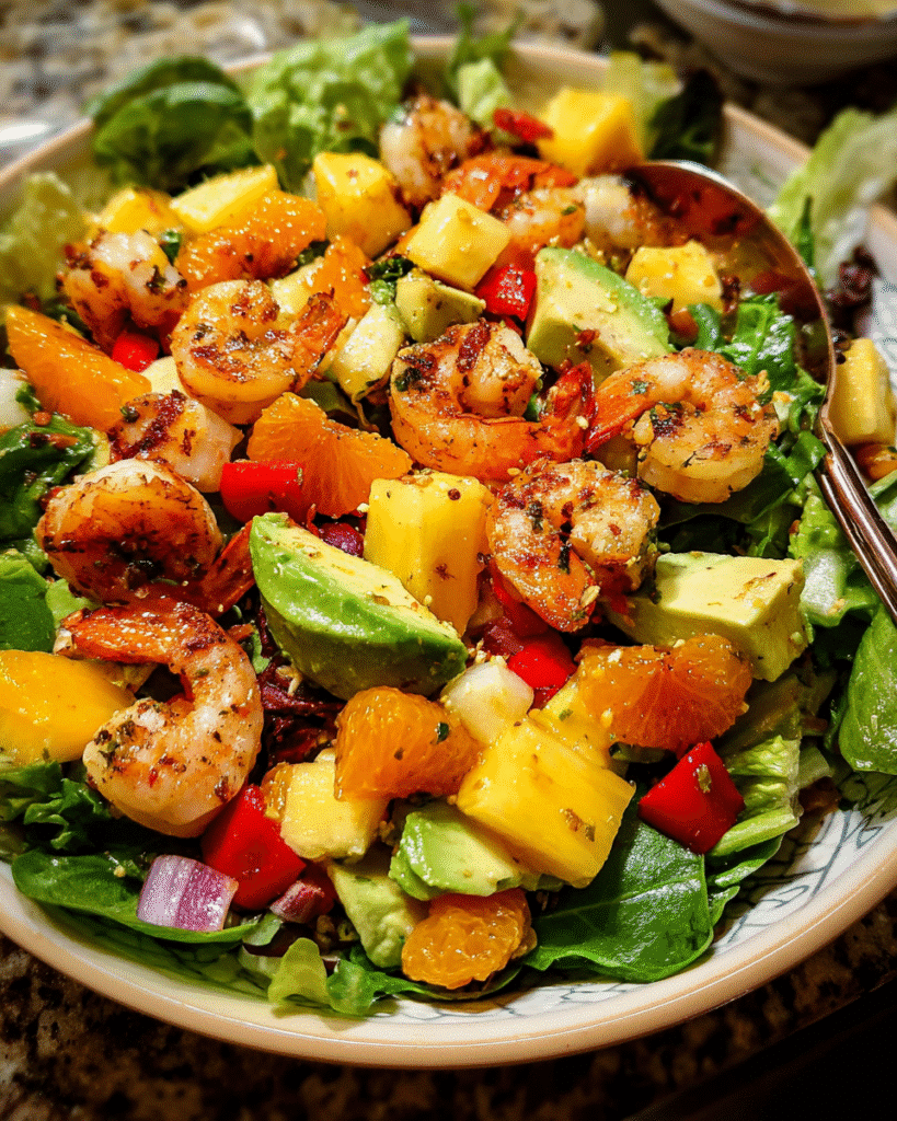Shrimp avocado salad with tropical fruits