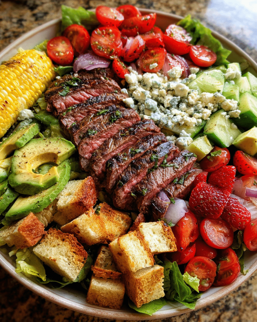 Steak salad with grilled corn and blue cheese