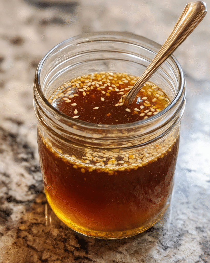 Sesame vinaigrette in glass jar with fresh ingredients