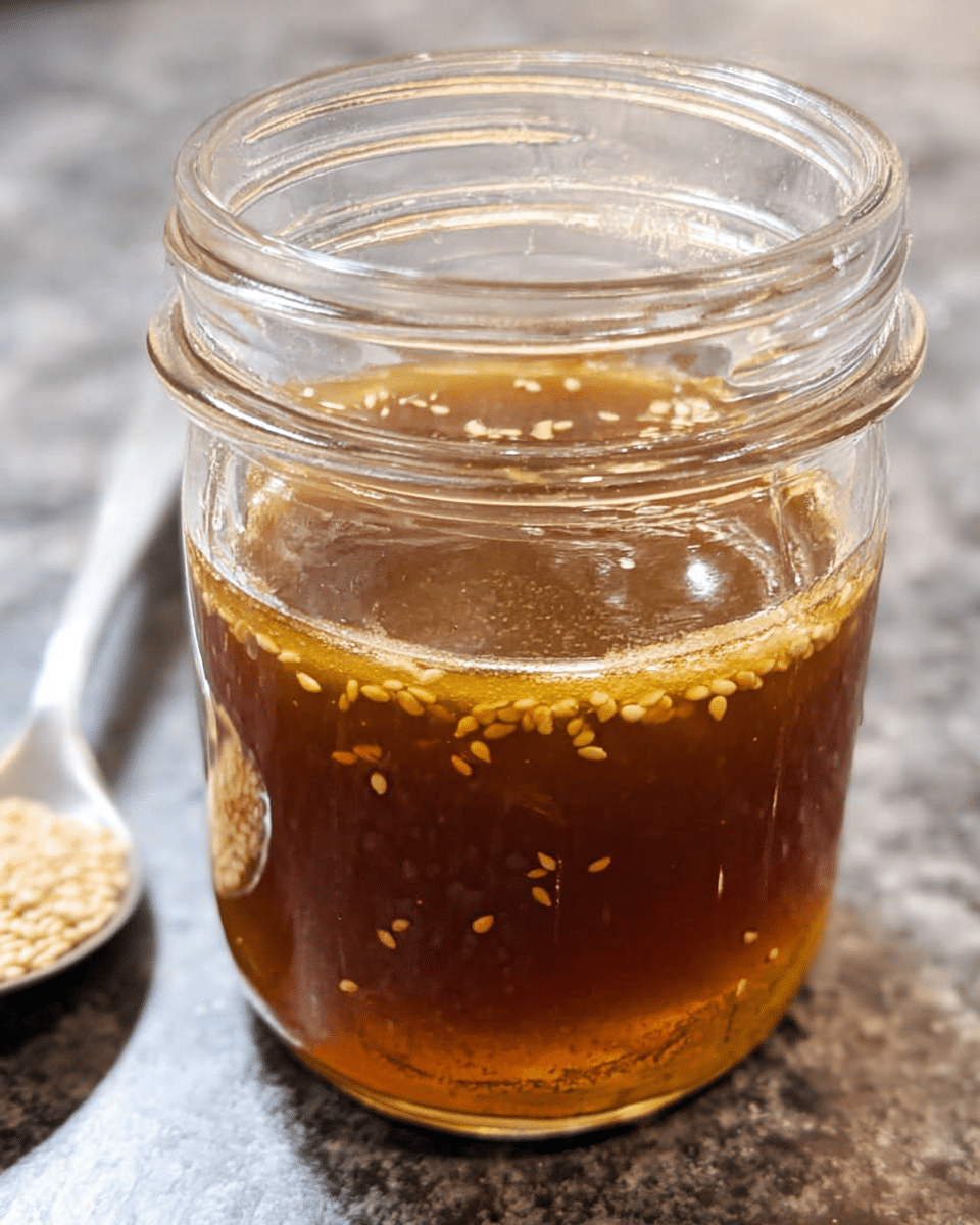 Sesame vinaigrette in glass jar with fresh ingredients