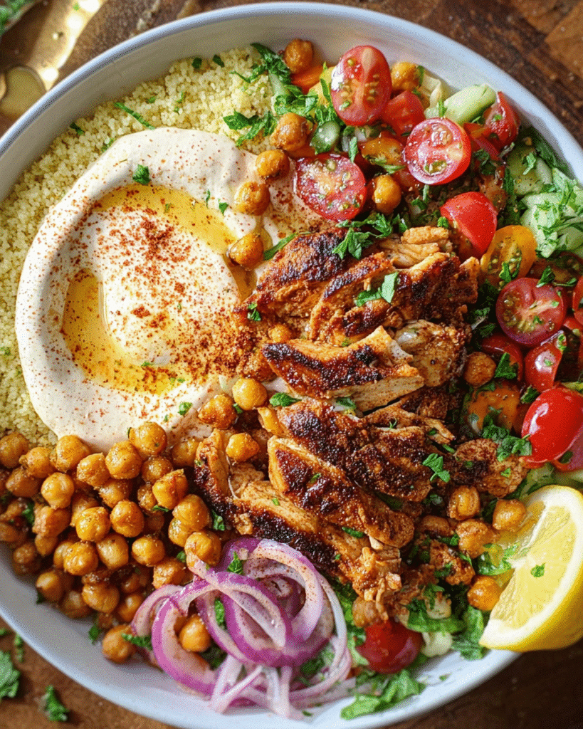 Shawarma Chicken Bowl with couscous and lemon sauce