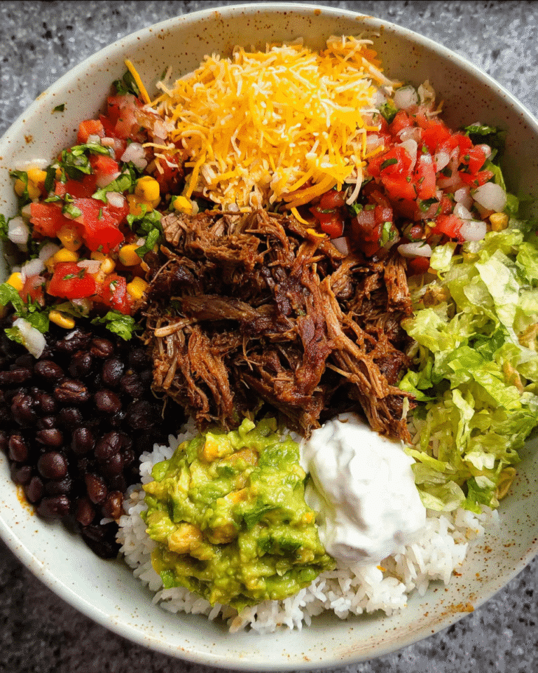 Shredded beef burrito bowl with toppings