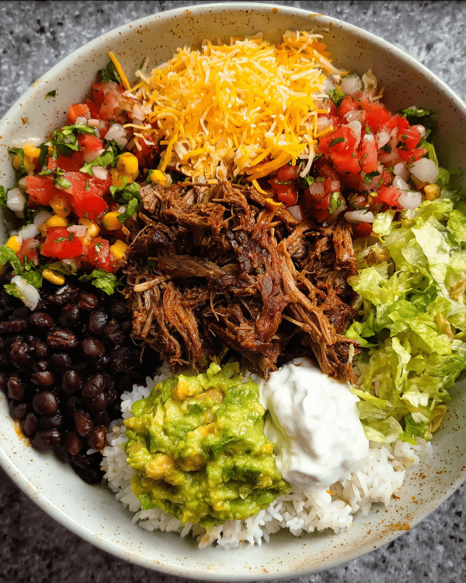 Shredded beef burrito bowl with toppings