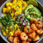 Shrimp Avocado Mango Bowl with mango, avocado, and shrimp