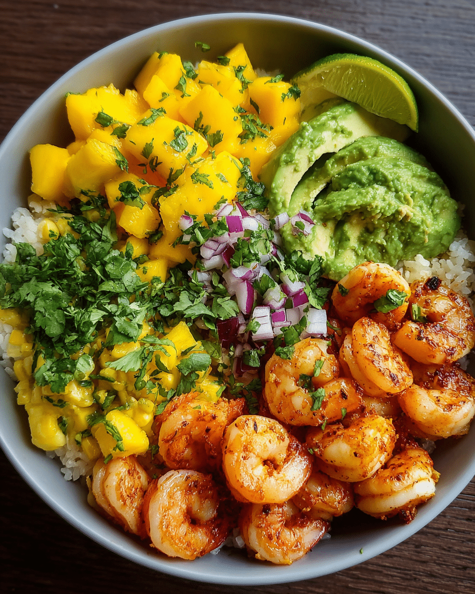 Shrimp Avocado Mango Bowl with mango, avocado, and shrimp
