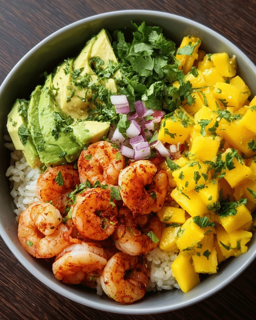 Shrimp Avocado Mango Bowl with mango, avocado, and shrimp