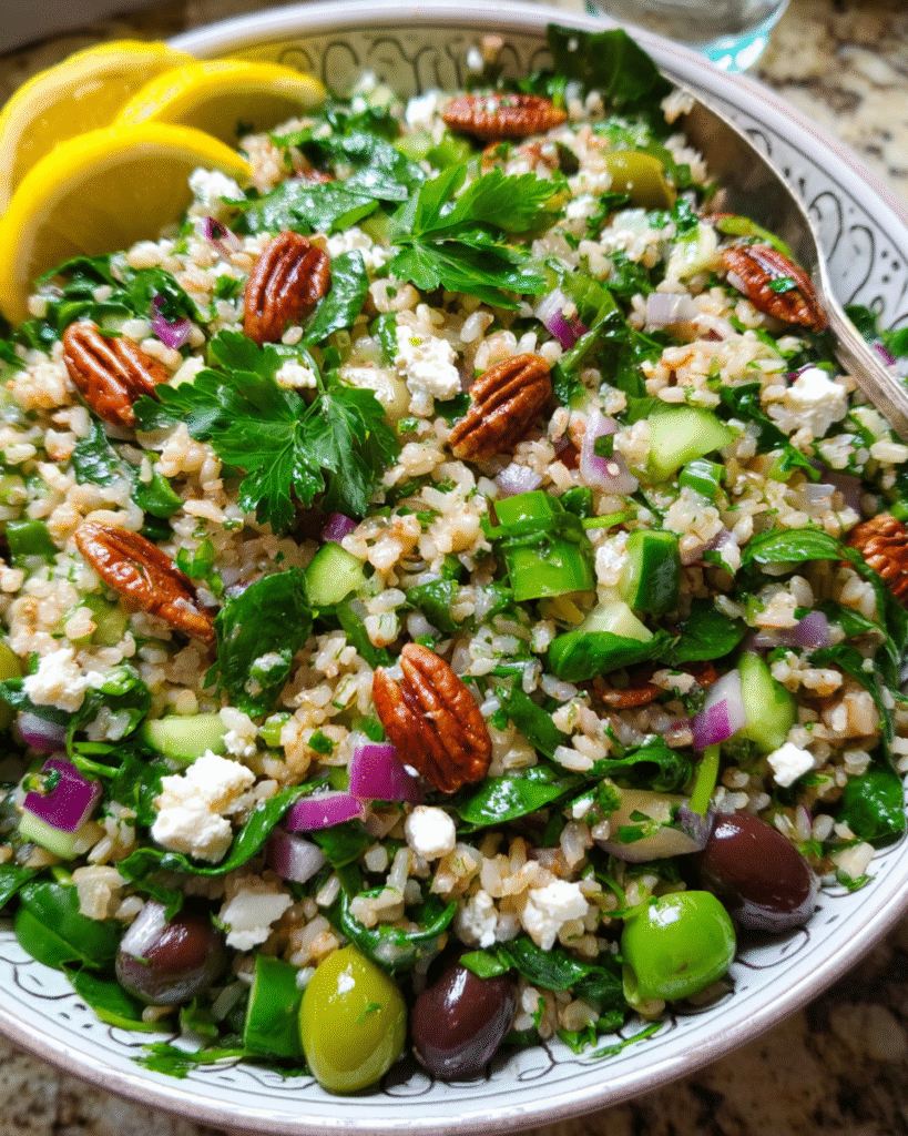 Spinach Pecan Brown Rice Salad beautifully served