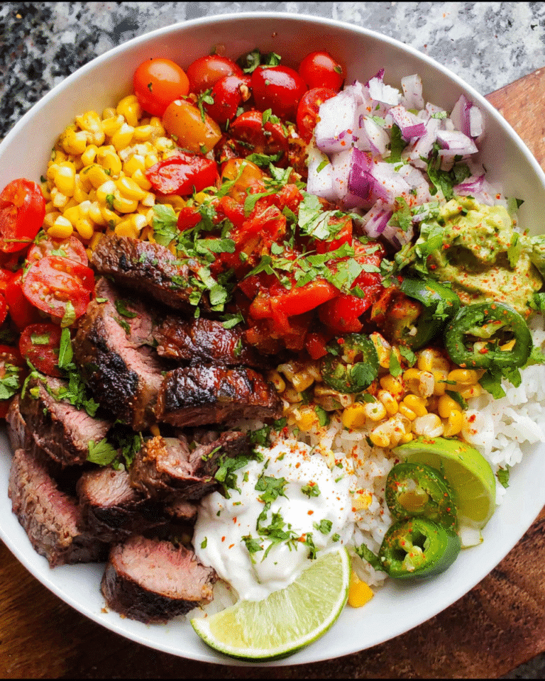 Overhead view of steak fajita bowl with colorful toppings