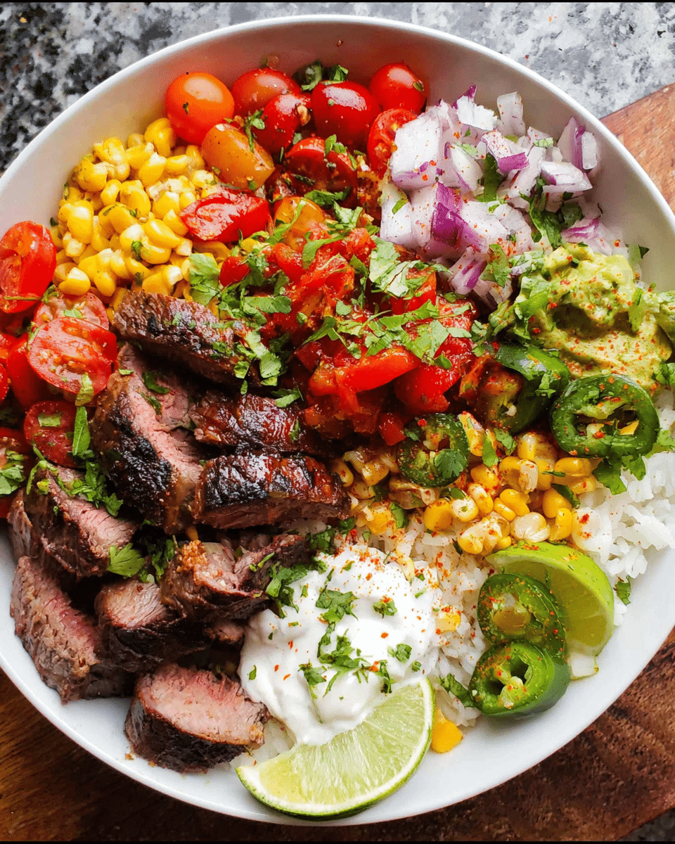 Overhead view of steak fajita bowl with colorful toppings