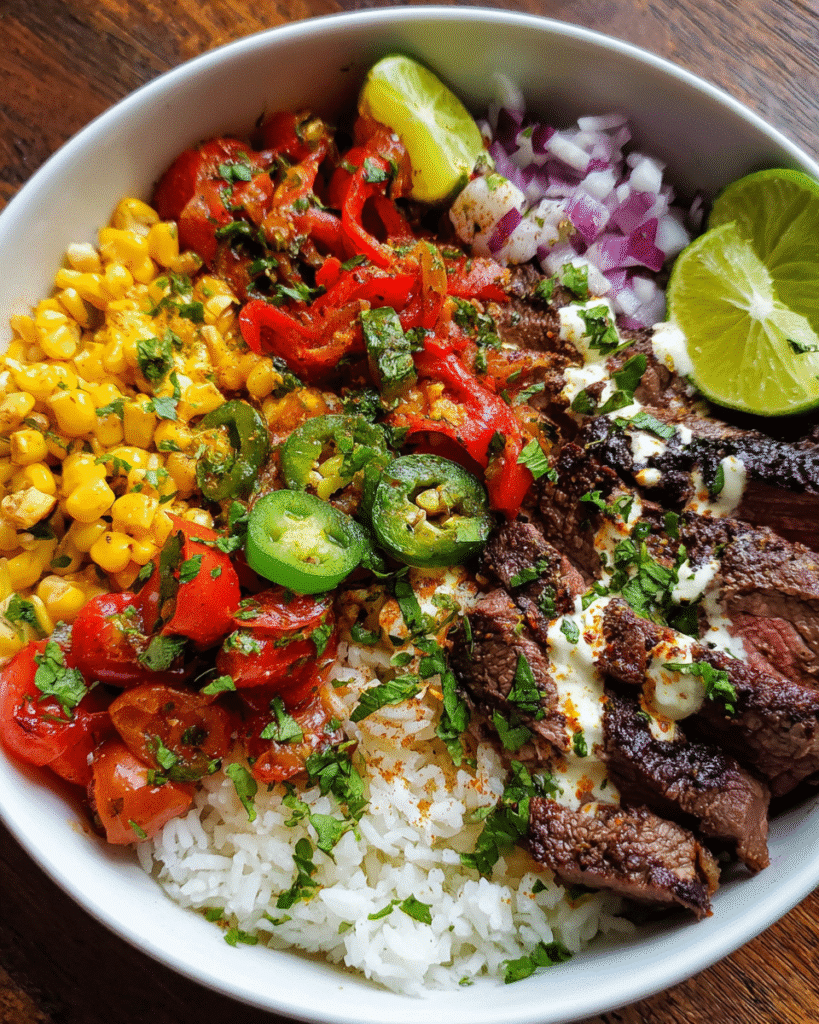 Overhead view of steak fajita bowl with colorful toppings
