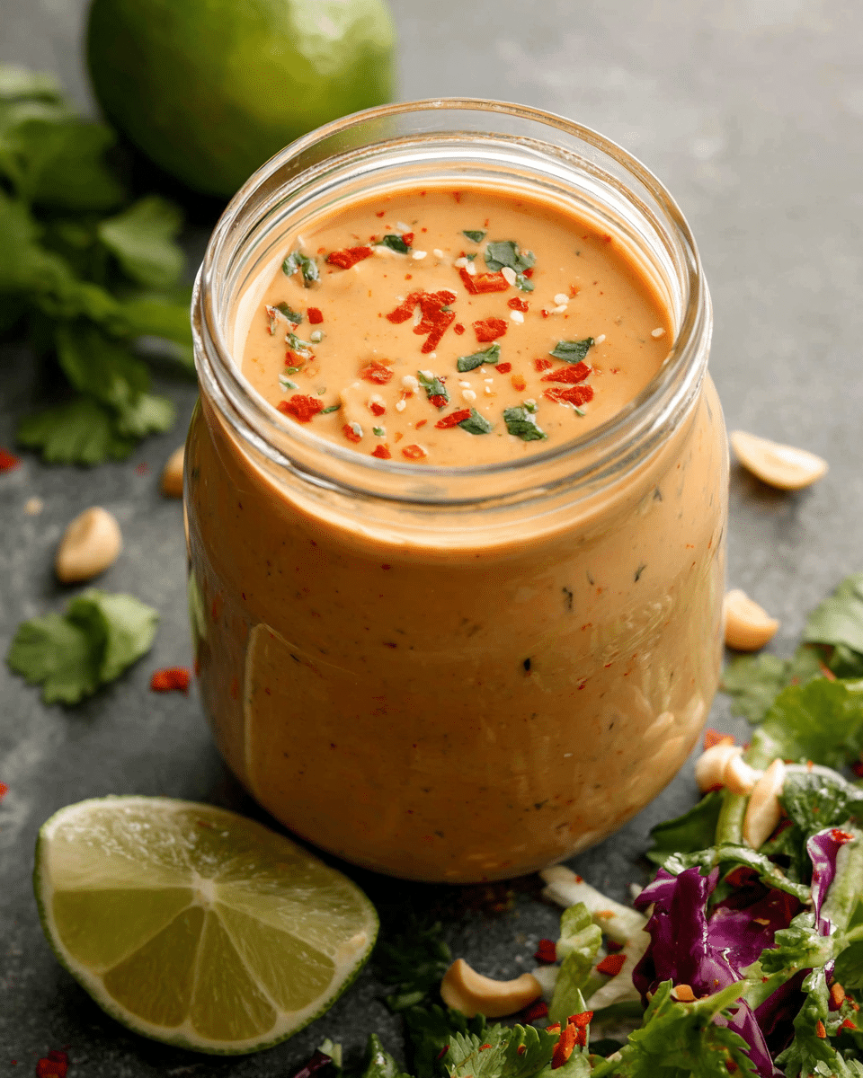 Thai Peanut Dressing surrounded by fresh ingredients