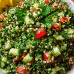 Tabbouleh served in rustic bowl with herbs and lemon