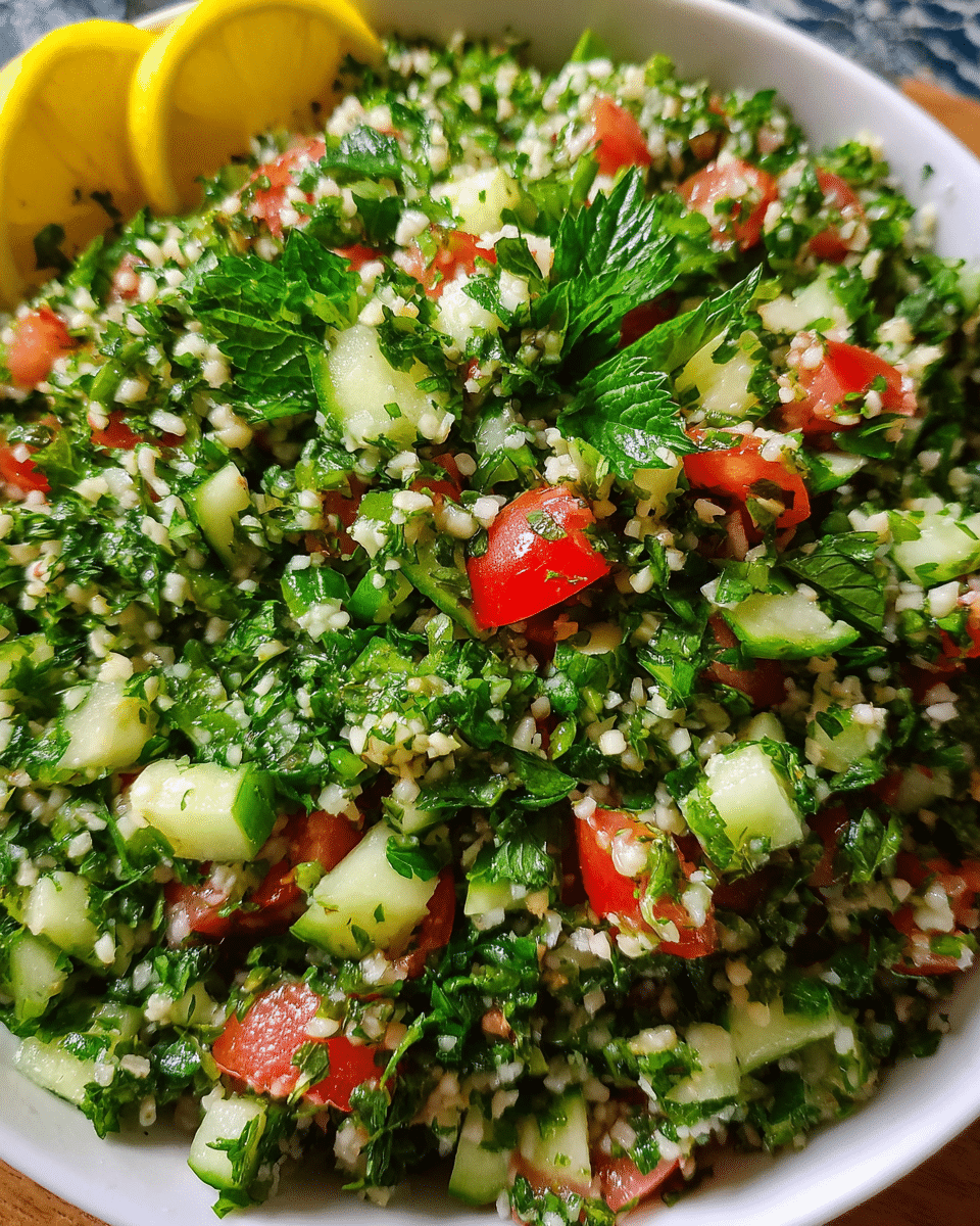 Tabbouleh served in rustic bowl with herbs and lemon