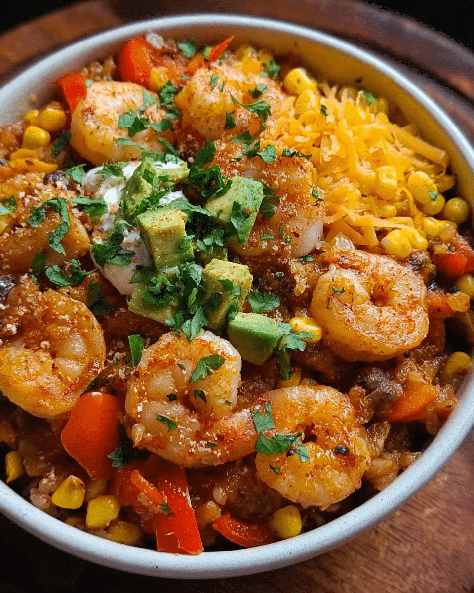 Tex-Mex Shrimp Bowl with vibrant toppings