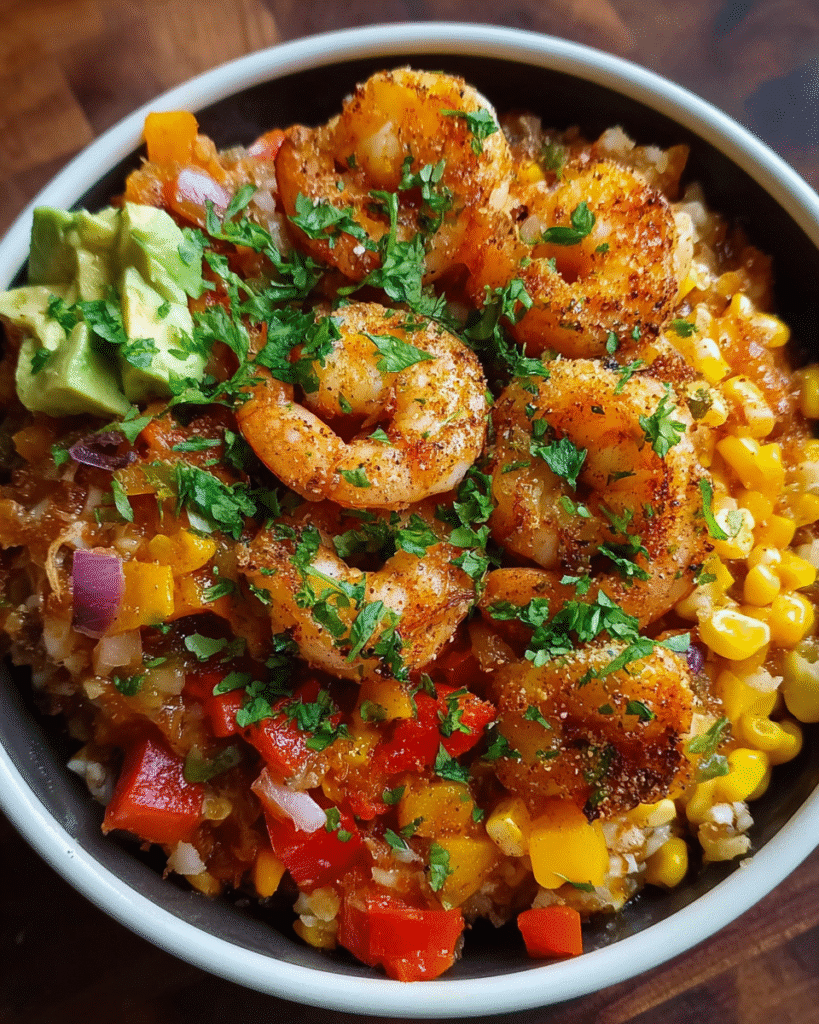 Tex-Mex Shrimp Bowl with vibrant toppings