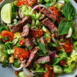 Thai Beef Salad in ceramic bowl with herbs and steak