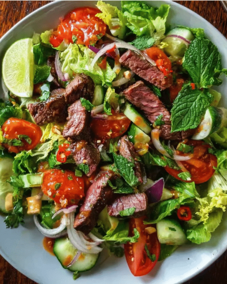 Thai Beef Salad in ceramic bowl with herbs and steak