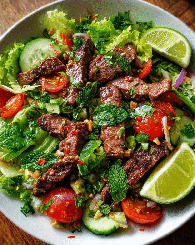 Thai Beef Salad in ceramic bowl with herbs and steak