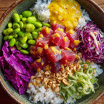 Tropical Tuna Bowl with sushi rice and tropical toppings