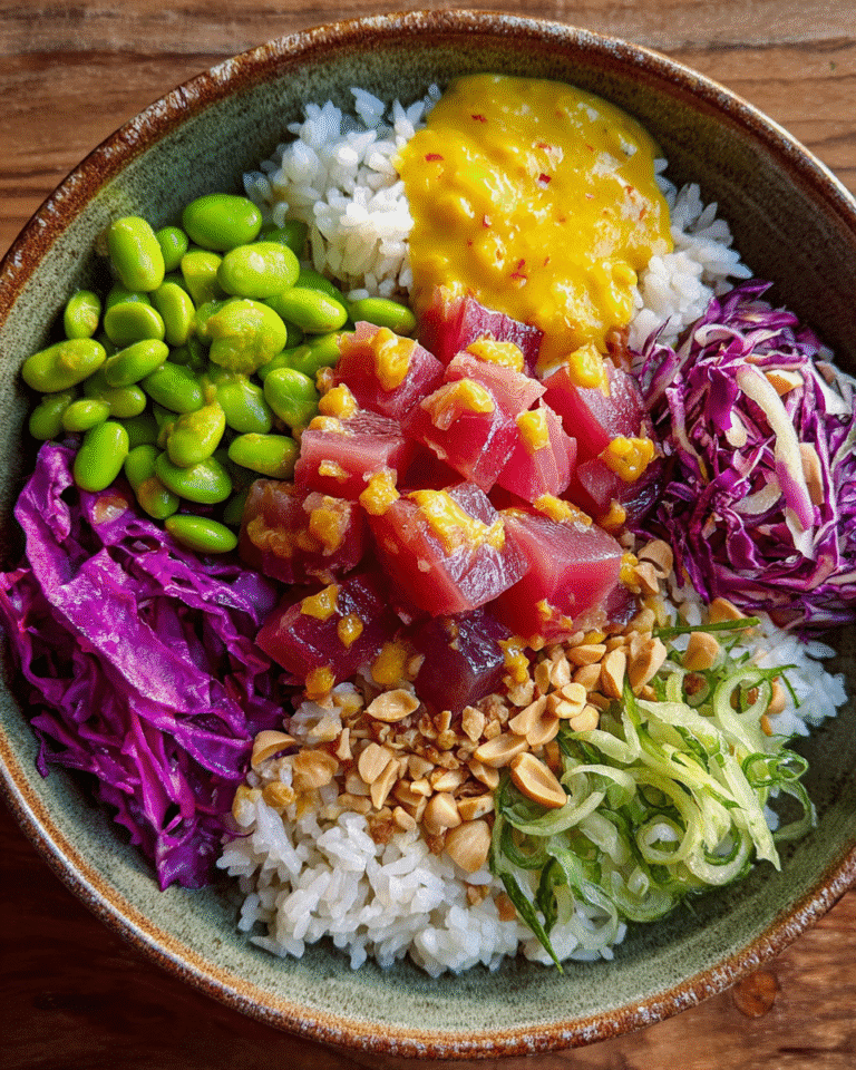 Tropical Tuna Bowl with sushi rice and tropical toppings