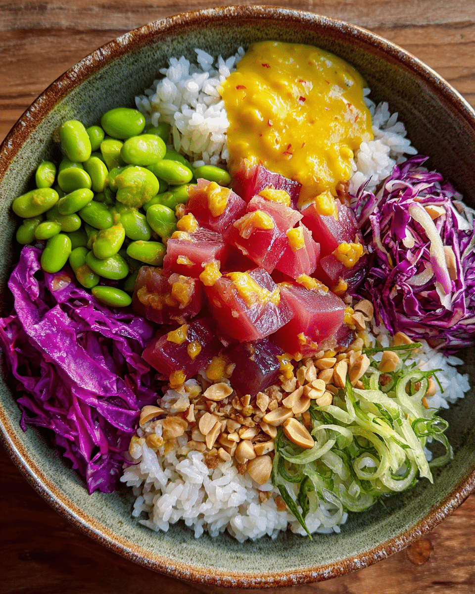 Tropical Tuna Bowl with sushi rice and tropical toppings