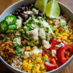 Colorful veggie burrito bowl with guacamole and cashew sauce