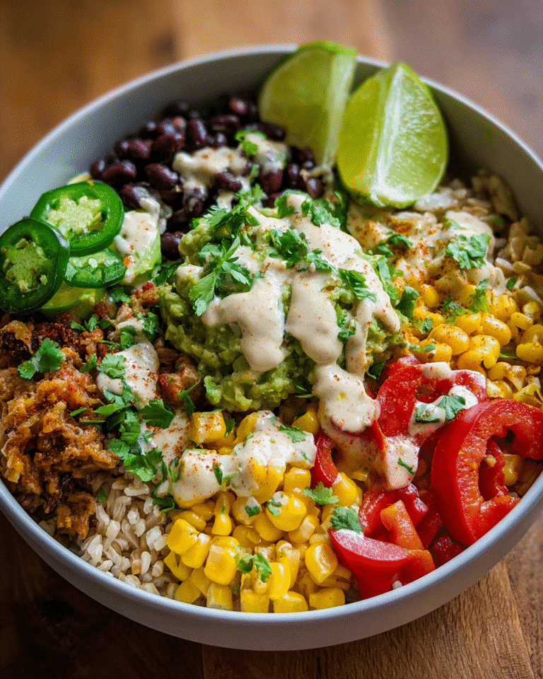 Colorful veggie burrito bowl with guacamole and cashew sauce