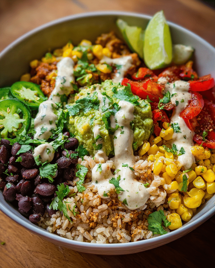 Colorful veggie burrito bowl with guacamole and cashew sauce
