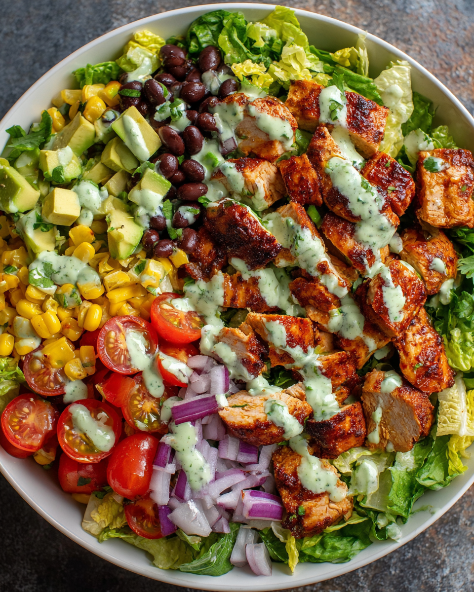 BBQ chicken salad with avocado and cilantro dressing