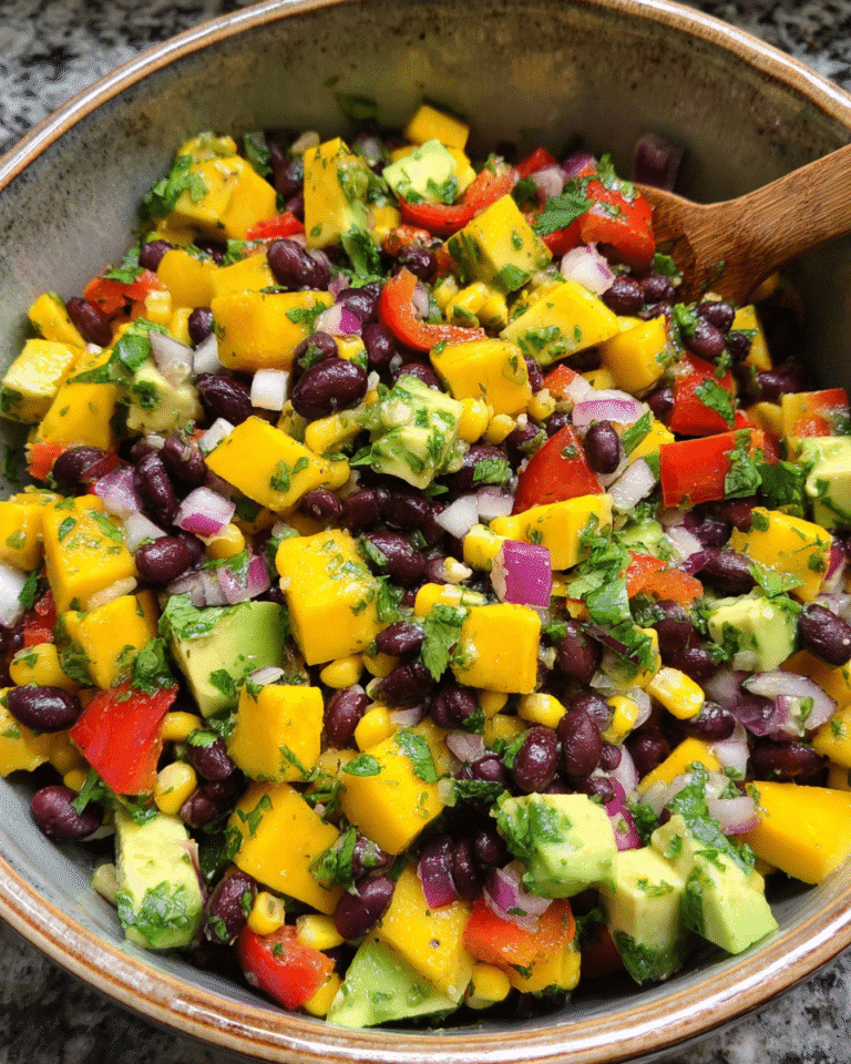 black bean mango and avocado salad in bowl with lime