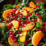 citrus pomegranate kale salad overhead view