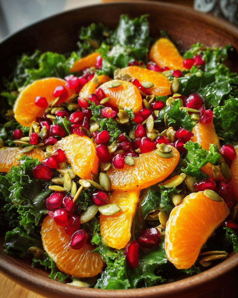 citrus pomegranate kale salad overhead view